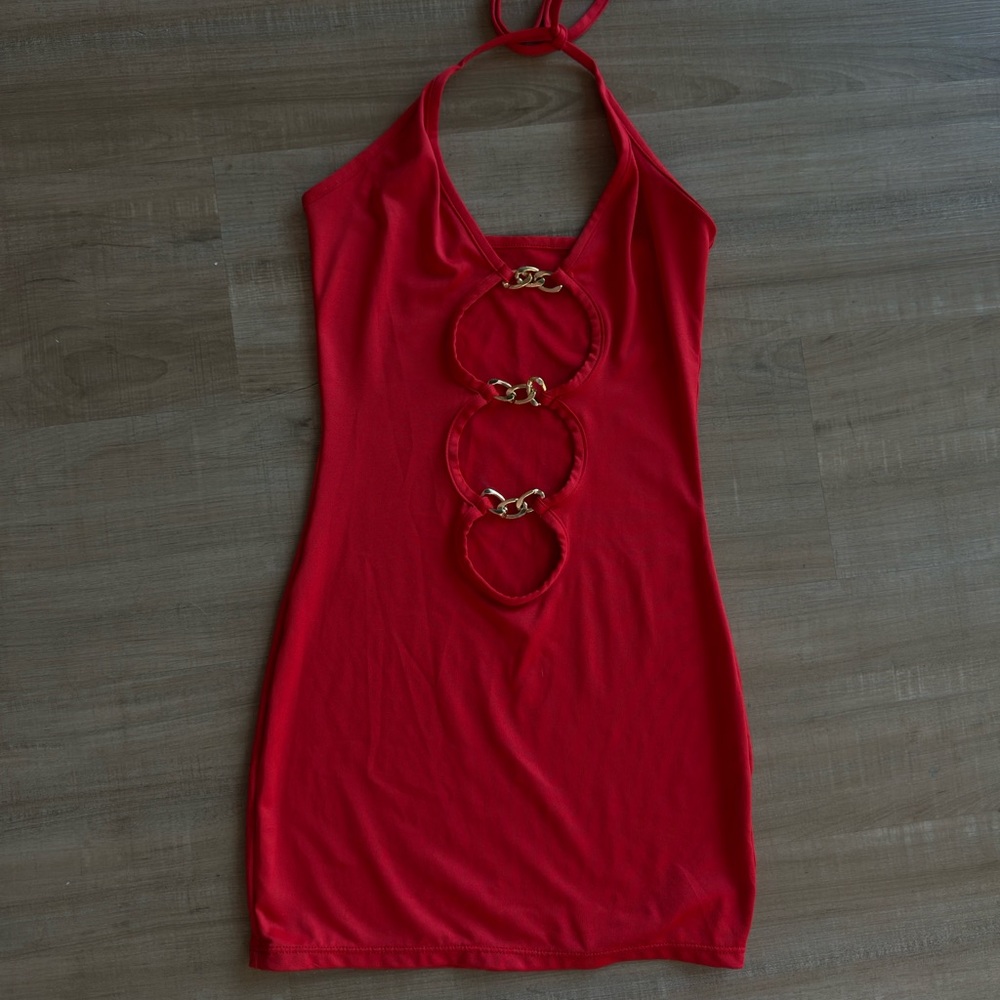 Red Halter Mini Bodycon Dress with Cut outs and gold detailing
